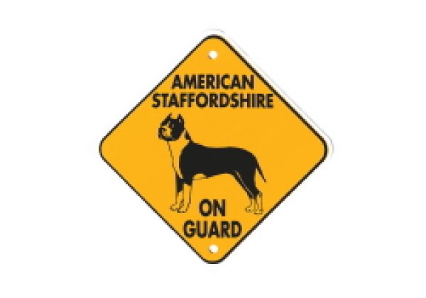 画像1: アメリカンスタッフォードシャー警戒中 英語サインプレート アメリカ輸入看板 アルミ素材：AMERICAN STAFFORDSHIRE ON GUARD[MADE IN U.S.A] (1)