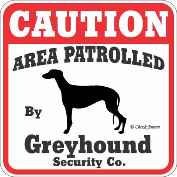 画像1: グレイハウンド注意 英語看板 アメリカ輸入サインボード：CAUTION AREA PATROLLED By Greyhound Security Co.[MADE IN U.S.A] (1)