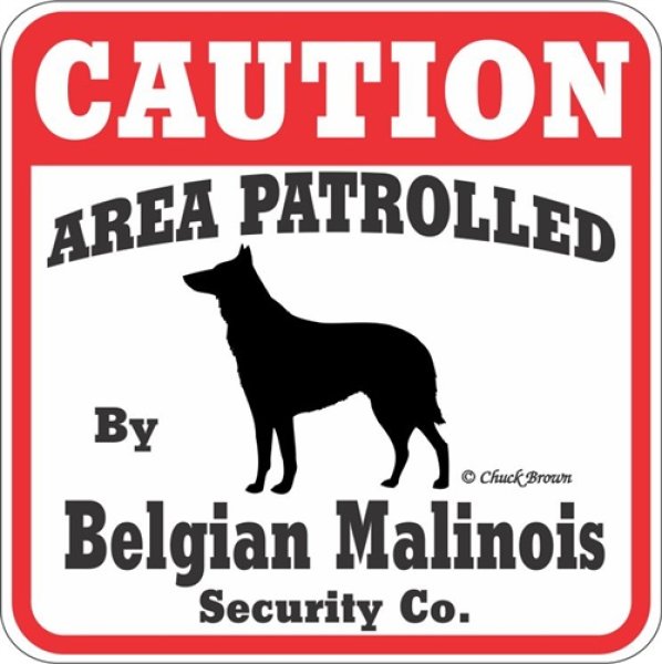 画像1: ベルジアンマリノア注意 英語看板 アメリカ輸入サインボード：CAUTION AREA PATROLLED By Belgian Malinois Security Co.[MADE IN U.S.A] (1)