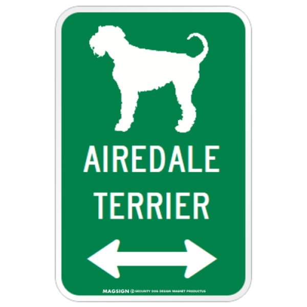 画像1: AIREDALE TERRIER [MAGSIGN] シルエット＆矢印 アメリカン道路標識 英語犬種名 マグネット/ステッカー：グリーン (1)