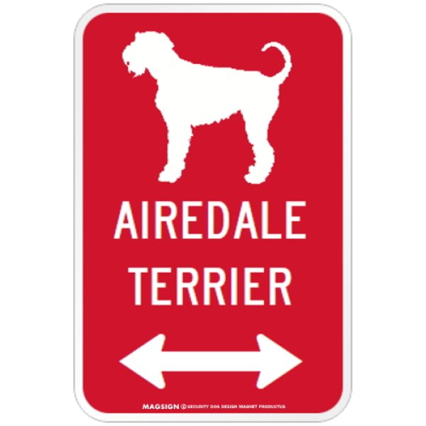 画像1: AIREDALE TERRIER [MAGSIGN] シルエット＆矢印 アメリカン道路標識 英語犬種名 マグネット/ステッカー：レッド (1)