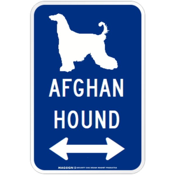 画像1: AFGHAN HOUND [MAGSIGN] シルエット＆矢印 アメリカン道路標識 英語犬種名 マグネット/ステッカー：ブルー (1)