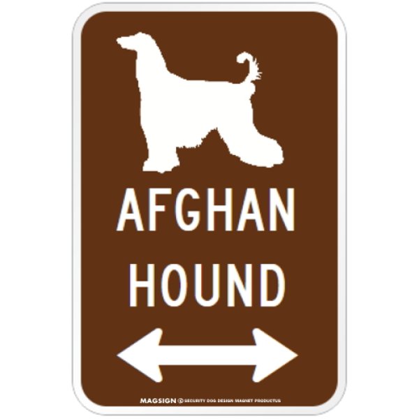 画像1: AFGHAN HOUND [MAGSIGN] シルエット＆矢印 アメリカン道路標識 英語犬種名 マグネット/ステッカー：ブラウン (1)