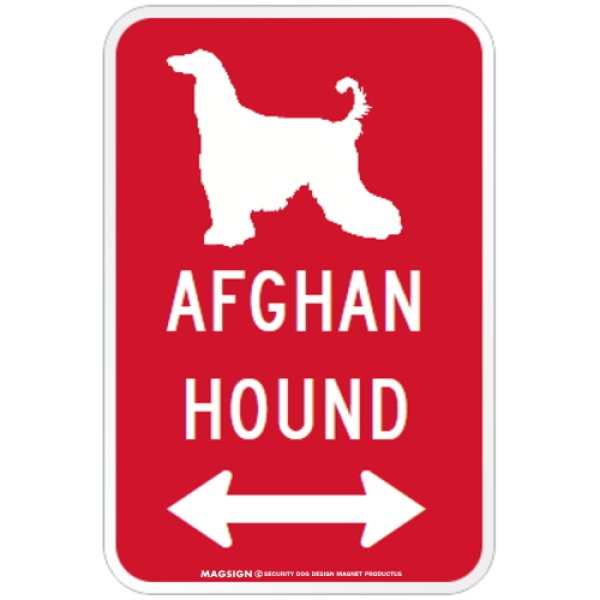 画像1: AFGHAN HOUND [MAGSIGN] シルエット＆矢印 アメリカン道路標識 英語犬種名 マグネット/ステッカー：レッド (1)