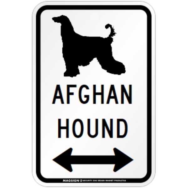画像1: AFGHAN HOUND [MAGSIGN] シルエット＆矢印 アメリカン道路標識 英語犬種名 マグネット/ステッカー：ホワイト (1)