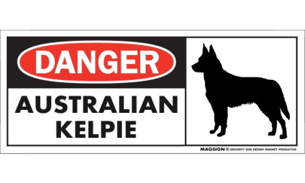 画像1: [MAGSIGN] オーストラリアンケルピー マグネット＆ステッカー 英語 危ない 危険 DANGER AUSTRALIAN KELPIE 対象:車(ドア/ガラス/ボディ)・屋外(玄関扉/窓ガラス/メールポスト) 日本製 (1)