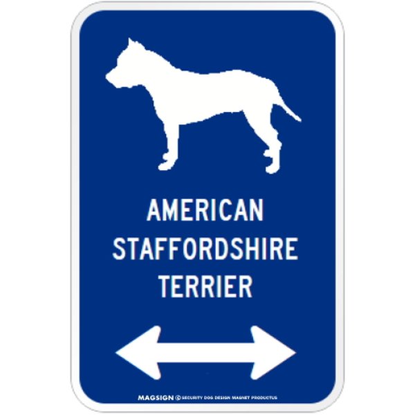 画像1: AMERICAN STAFFORDSHIRE TERRIER [MAGSIGN] シルエット＆矢印 アメリカン道路標識 英語犬種名 マグネット/ステッカー：ブルー (1)