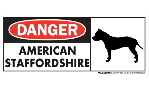 画像1: [MAGSIGN] アメリカンスタッフォードシャー マグネット＆ステッカー 英語 危ない 危険 DANGER AMERICAN STAFFORDSHIRE 対象:車(ドア/ガラス/ボディ)・屋外(玄関扉/窓ガラス/メールポスト) 日本製 (1)