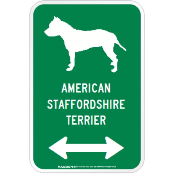 画像1: AMERICAN STAFFORDSHIRE TERRIER [MAGSIGN] シルエット＆矢印 アメリカン道路標識 英語犬種名 マグネット/ステッカー：グリーン (1)