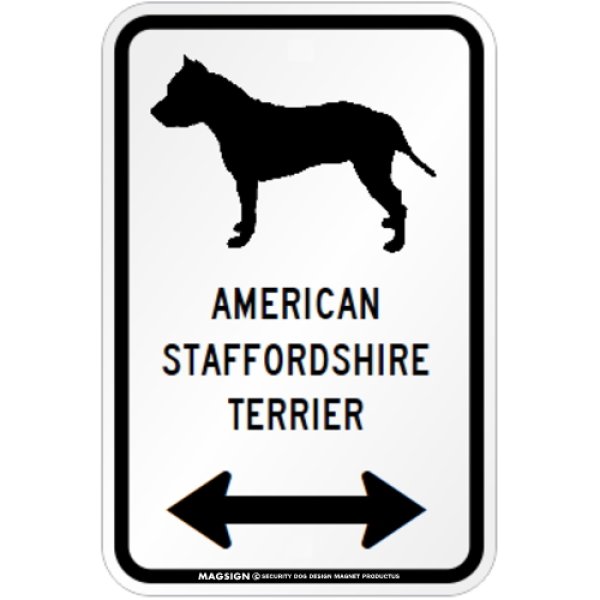 画像1: AMERICAN STAFFORDSHIRE TERRIER [MAGSIGN] シルエット＆矢印 アメリカン道路標識 英語犬種名 マグネット/ステッカー：ホワイト (1)