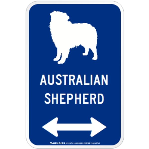 画像1: AUSTRALIAN SHEPHERD [MAGSIGN] シルエット＆矢印 アメリカン道路標識 英語犬種名 マグネット/ステッカー：ブルー (1)