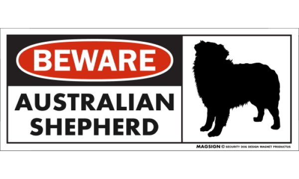 画像1: [MAGSIGN] オーストラリアンシェパード マグネット＆ステッカー 犬 注意 英語 BEWARE AUSTRALIAN SHEPHERD 対象:車(ドア/ガラス/ボディ)・屋外(玄関扉/窓ガラス/メールポスト) 日本製 (1)