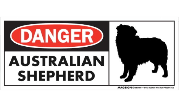 画像1: [MAGSIGN] オーストラリアンシェパード マグネット＆ステッカー 英語 危ない 危険 DANGER AUSTRALIAN SHEPHERD 対象:車(ドア/ガラス/ボディ)・屋外(玄関扉/窓ガラス/メールポスト) 日本製 (1)