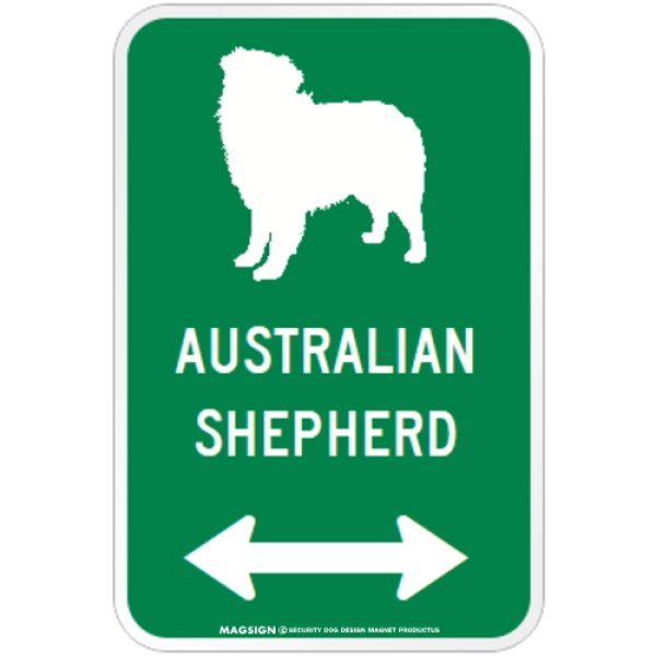画像1: AUSTRALIAN SHEPHERD [MAGSIGN] シルエット＆矢印 アメリカン道路標識 英語犬種名 マグネット/ステッカー：グリーン (1)