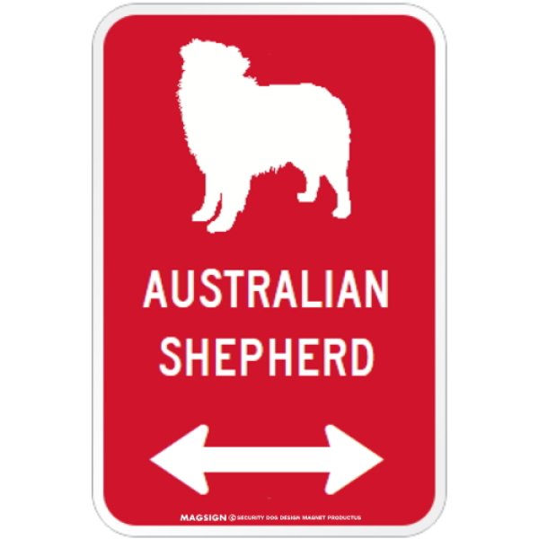 画像1: AUSTRALIAN SHEPHERD [MAGSIGN] シルエット＆矢印 アメリカン道路標識 英語犬種名 マグネット/ステッカー：レッド (1)