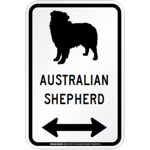 画像1: AUSTRALIAN SHEPHERD [MAGSIGN] シルエット＆矢印 アメリカン道路標識 英語犬種名 マグネット/ステッカー：ホワイト (1)