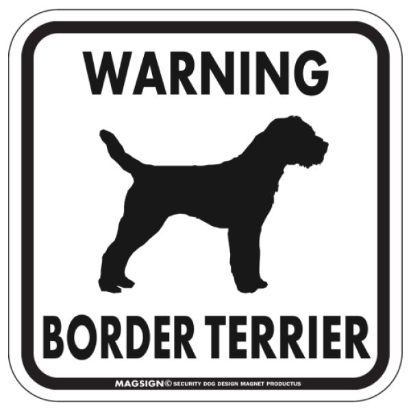 画像1: [MAGSIGN] WARNING BORDER TERRIER マグネット＆ステッカー：ボーダーテリア(ホワイト/イエロー/オレンジ) 注意 英語 正方形 車＆屋外用(防水性/耐光性) 日本製 (1)