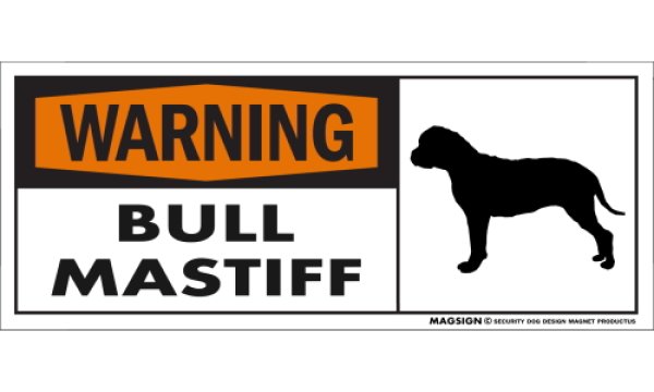 画像1: [MAGSIGN] ブルマスティフ 注意警告マグネット＆ステッカー(黒オレンジ色) 英語 WARNING BULL MASTIFF 対象:車(ドア/ガラス/ボディ)・屋外(玄関扉/窓ガラス/メールポスト) 日本製 (1)