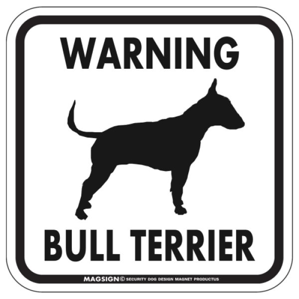 画像1: [MAGSIGN] WARNING BULL TERRIER マグネット＆ステッカー：ブルテリア(ホワイト/イエロー/オレンジ) 注意 英語 正方形 車＆屋外用(防水性/耐光性) 日本製 (1)