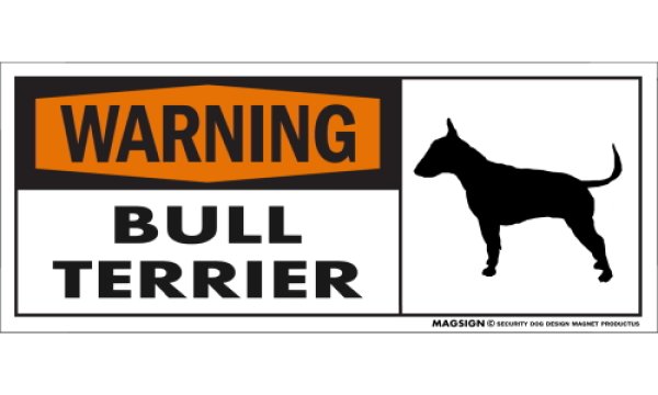 画像1: [MAGSIGN] ブルテリア 注意警告マグネット＆ステッカー(黒オレンジ色) 英語 WARNING BULL TERRIER 対象:車(ドア/ガラス/ボディ)・屋外(玄関扉/窓ガラス/メールポスト) 日本製 (1)