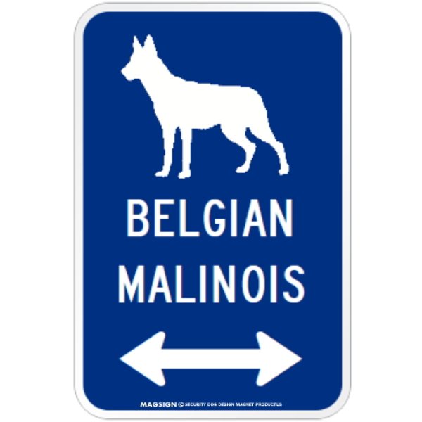 画像1: BELGIAN MALINOIS [MAGSIGN] シルエット＆矢印 アメリカン道路標識 英語犬種名 マグネット/ステッカー：ブルー (1)