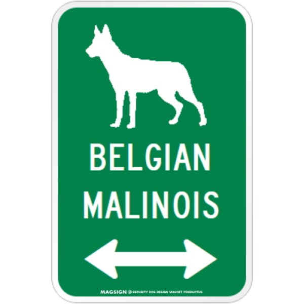 画像1: BELGIAN MALINOIS [MAGSIGN] シルエット＆矢印 アメリカン道路標識 英語犬種名 マグネット/ステッカー：グリーン (1)