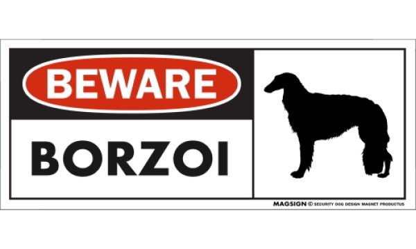 画像1: [MAGSIGN] ボルゾイ マグネット＆ステッカー 犬 注意 英語 BEWARE BORZOI 対象:車(ドア/ガラス/ボディ)・屋外(玄関扉/窓ガラス/メールポスト) 日本製 (1)