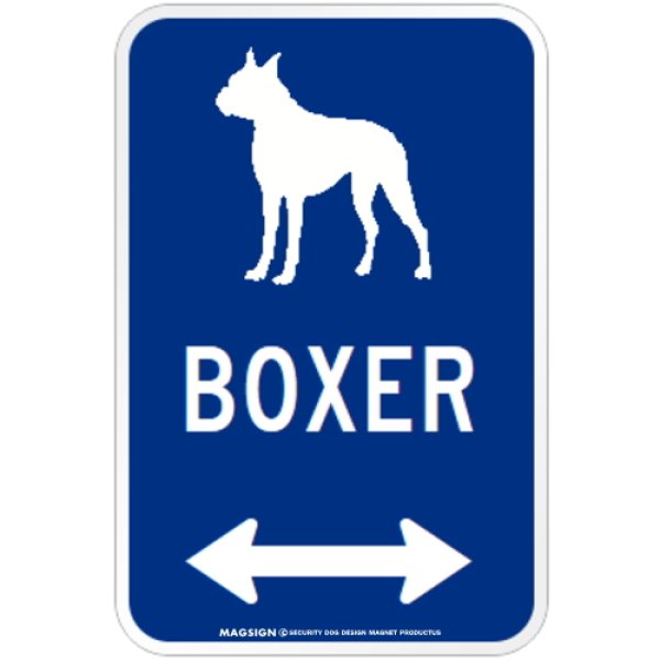 画像1: BOXER [MAGSIGN] シルエット＆矢印 アメリカン道路標識 英語犬種名 マグネット/ステッカー：ブルー(立ち耳) (1)