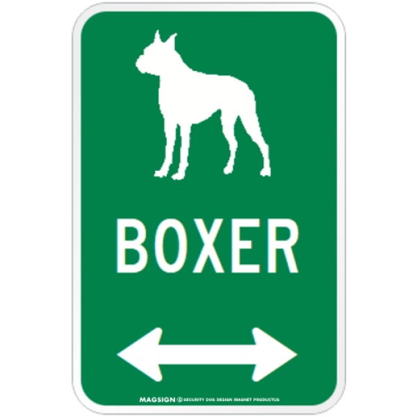 画像1: BOXER [MAGSIGN] シルエット＆矢印 アメリカン道路標識 英語犬種名 マグネット/ステッカー：グリーン(立ち耳) (1)