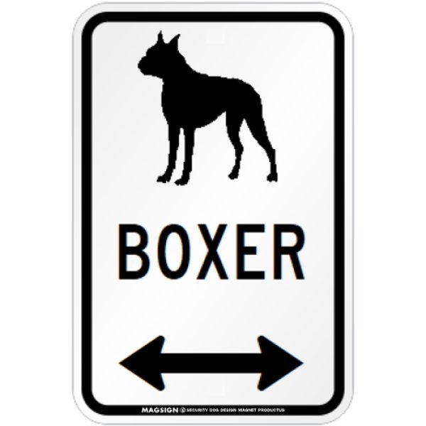 画像1: BOXER [MAGSIGN] シルエット＆矢印 アメリカン道路標識 英語犬種名 マグネット/ステッカー：ホワイト(立ち耳) (1)