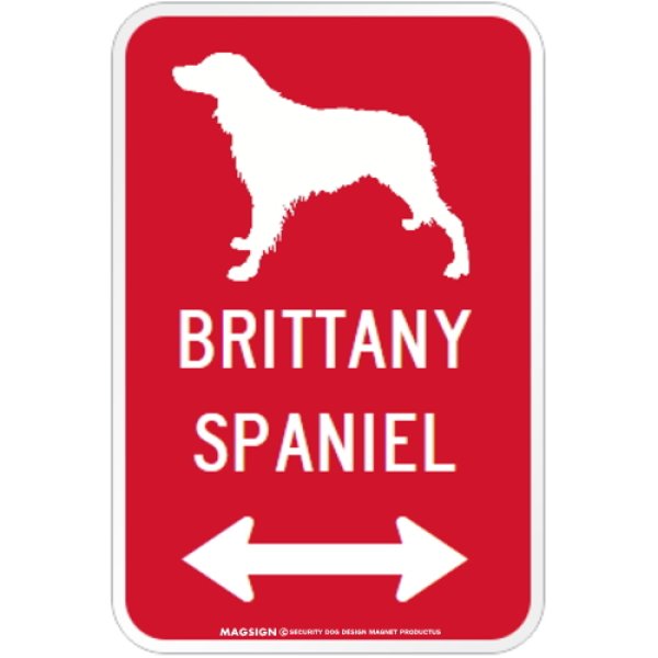 画像1: BRITTANY SPANIEL [MAGSIGN] シルエット＆矢印 アメリカン道路標識 英語犬種名 マグネット/ステッカー：レッド (1)