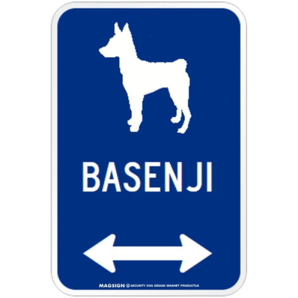 画像1: BASENJI [MAGSIGN] シルエット＆矢印 アメリカン道路標識 英語犬種名 マグネット/ステッカー：ブルー (1)