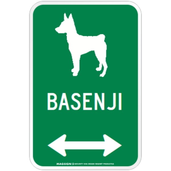 画像1: BASENJI [MAGSIGN] シルエット＆矢印 アメリカン道路標識 英語犬種名 マグネット/ステッカー：グリーン (1)