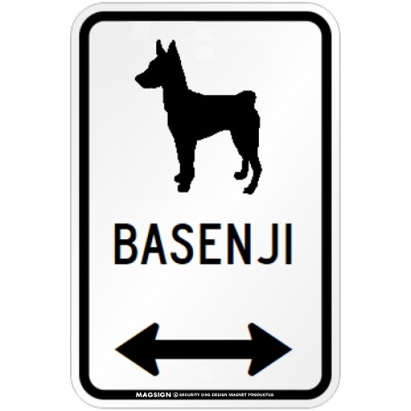 画像1: BASENJI [MAGSIGN] シルエット＆矢印 アメリカン道路標識 英語犬種名 マグネット/ステッカー：ホワイト (1)