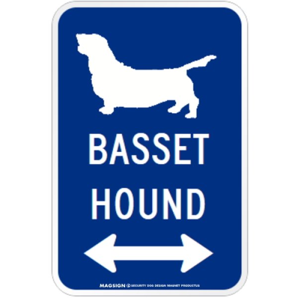 画像1: BASSET HOUND [MAGSIGN] シルエット＆矢印 アメリカン道路標識 英語犬種名 マグネット/ステッカー：ブルー (1)