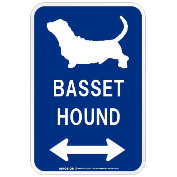 画像1: BASSET HOUND [MAGSIGN] シルエット＆矢印 アメリカン道路標識 英語犬種名 マグネット/ステッカー：ブルー (1)