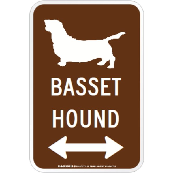 画像1: BASSET HOUND [MAGSIGN] シルエット＆矢印 アメリカン道路標識 英語犬種名 マグネット/ステッカー：ブラウン (1)