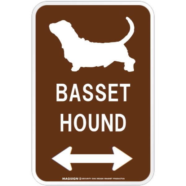 画像1: BASSET HOUND [MAGSIGN] シルエット＆矢印 アメリカン道路標識 英語犬種名 マグネット/ステッカー：ブラウン (1)