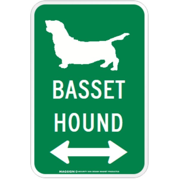画像1: BASSET HOUND [MAGSIGN] シルエット＆矢印 アメリカン道路標識 英語犬種名 マグネット/ステッカー：グリーン (1)