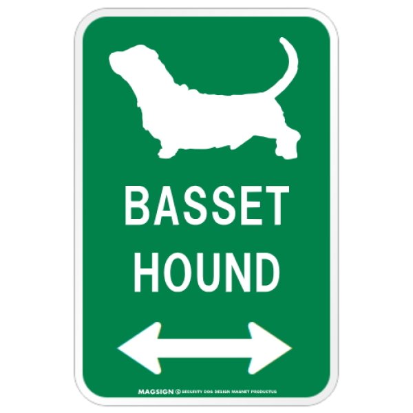 画像1: BASSET HOUND [MAGSIGN] シルエット＆矢印 アメリカン道路標識 英語犬種名 マグネット/ステッカー：グリーン (1)