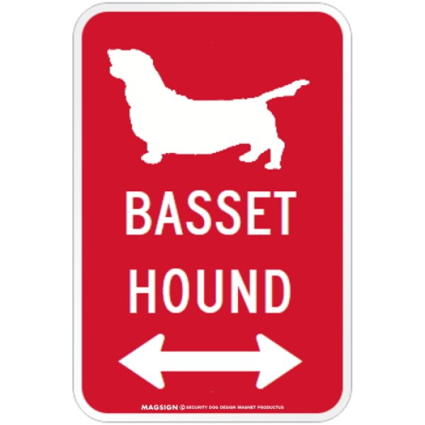 画像1: BASSET HOUND [MAGSIGN] シルエット＆矢印 アメリカン道路標識 英語犬種名 マグネット/ステッカー：レッド (1)