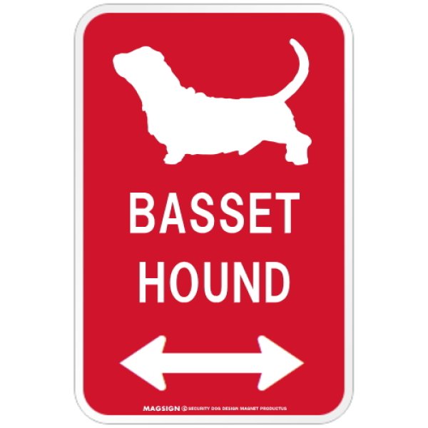 画像1: BASSET HOUND [MAGSIGN] シルエット＆矢印 アメリカン道路標識 英語犬種名 マグネット/ステッカー：レッド (1)