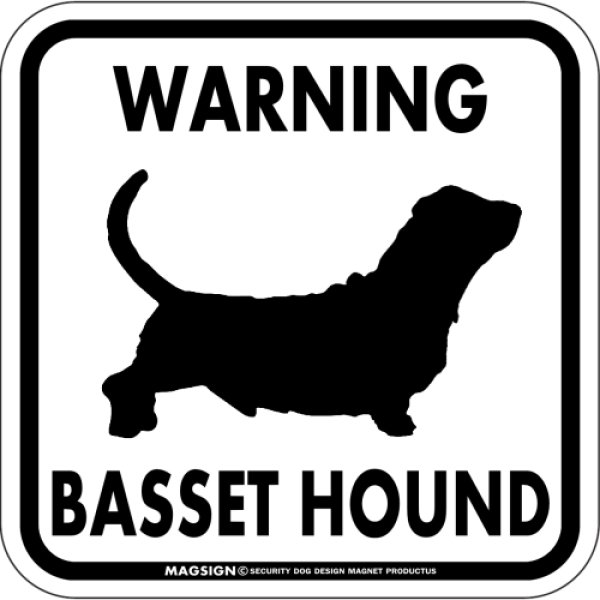 画像1: [MAGSIGN] WARNING BASSET HOUND マグネット＆ステッカー：バセットハウンド(ホワイト/イエロー/オレンジ) 注意 英語 正方形 車＆屋外用(防水性/耐光性) 日本製 (1)