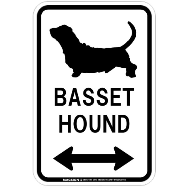 画像1: BASSET HOUND [MAGSIGN] シルエット＆矢印 アメリカン道路標識 英語犬種名 マグネット/ステッカー：ホワイト (1)