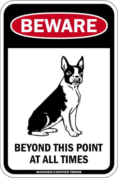 画像1: [MAGSIGN] この先いつもボストンテリアに注意/配慮/警戒 BEYOND THIS POINT AT ALL TIME マグネット＆ステッカー BOSTON TERRIER ローマ字ロゴ入り 車/屋外用 日本製 (1)