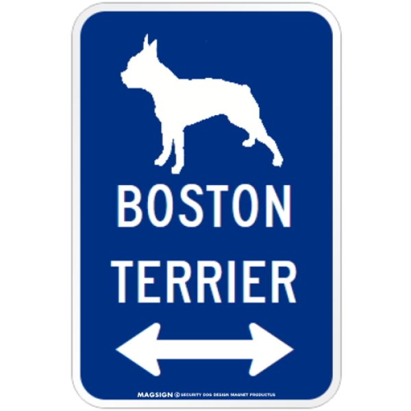 画像1: BOSTON TERRIER [MAGSIGN] シルエット＆矢印 アメリカン道路標識 英語犬種名 マグネット/ステッカー：ブルー (1)