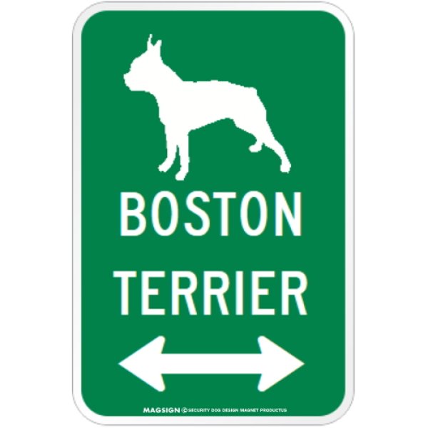 画像1: BOSTON TERRIER [MAGSIGN] シルエット＆矢印 アメリカン道路標識 英語犬種名 マグネット/ステッカー：グリーン (1)