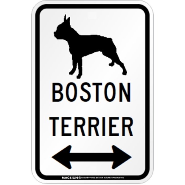 画像1: BOSTON TERRIER [MAGSIGN] シルエット＆矢印 アメリカン道路標識 英語犬種名 マグネット/ステッカー：ホワイト (1)