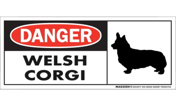 画像1: [MAGSIGN] ウェルシュコーギー マグネット＆ステッカー 英語 危ない 危険 DANGER WELSH CORGI 対象:車(ドア/ガラス/ボディ)・屋外(玄関扉/窓ガラス/メールポスト) 日本製 (1)