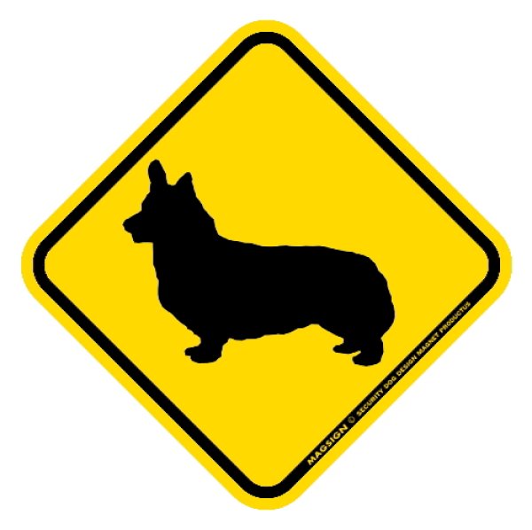 画像1: [MAGSIGN] 犬横断注意/犬飛び出し注意 マグネット＆ステッカー 黄色(イエロー) 車 屋外用(防水/耐水・耐光仕様) 日本製：ウェルシュコーギー (1)